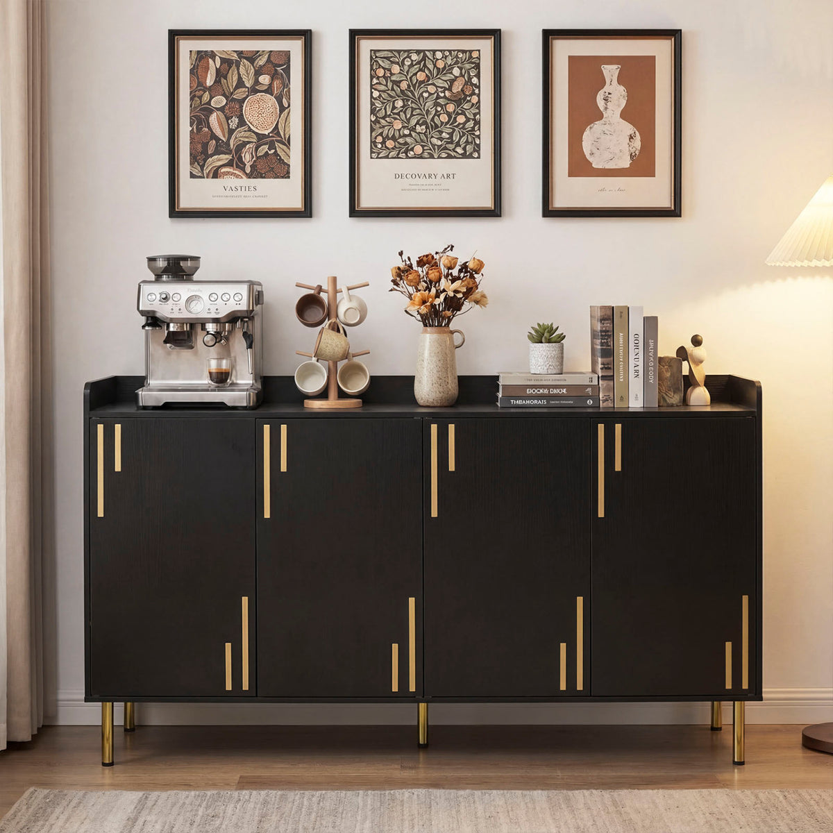 55" Buffet Cabinet with 4 Doors and 5 Metal Legs Modern Credenza-Black