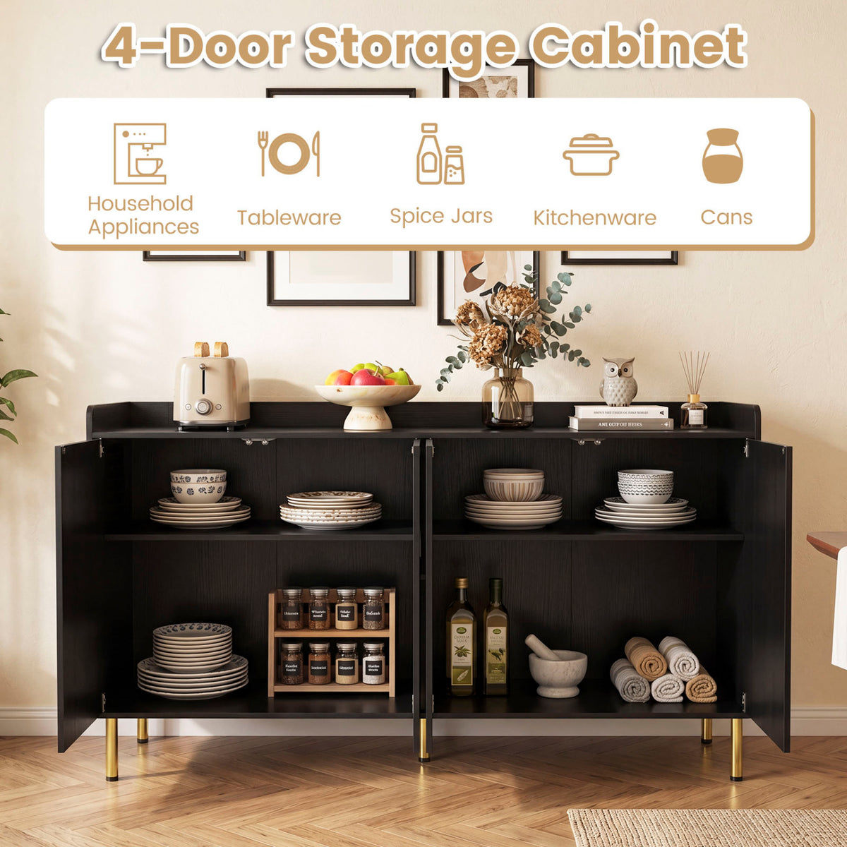 55" Buffet Cabinet with 4 Doors and 5 Metal Legs Modern Credenza-Black