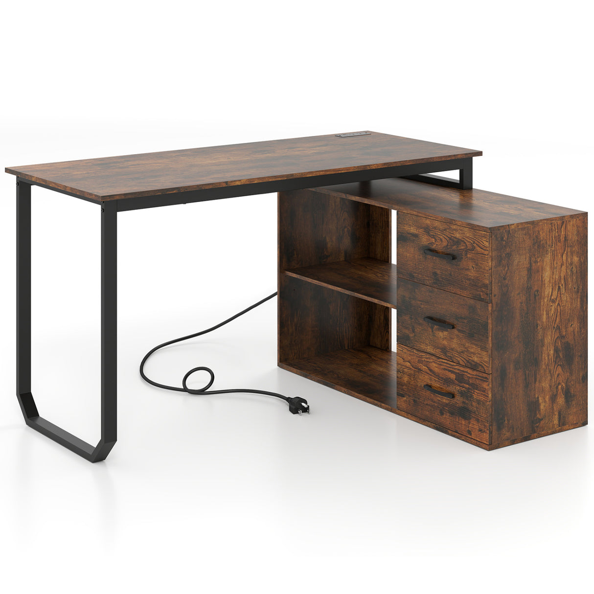 55 Inch Reversible L Shaped Desk with 3 Drawers Home Office Desk with Adjustable Shelf-Rustic Brown