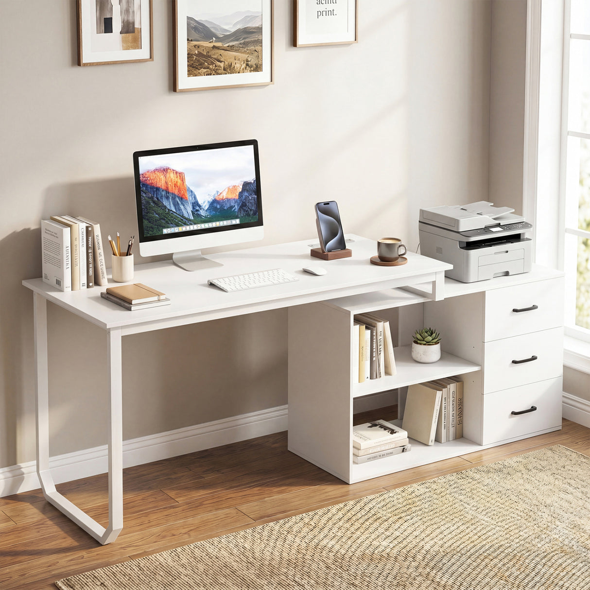 55 Inch Reversible L Shaped Desk with 3 Drawers Home Office Desk with Adjustable Shelf-White