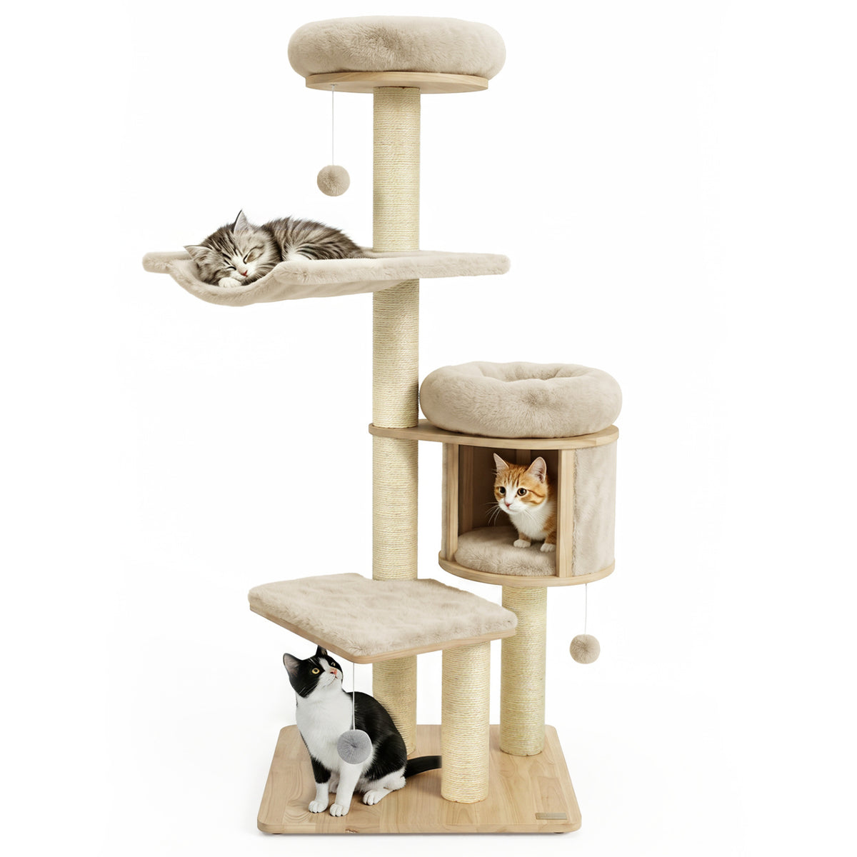 55" Solid Rubber Wood Cat Tree with Condo & Hammock and Scratching Posts for Adult Cats-Beige