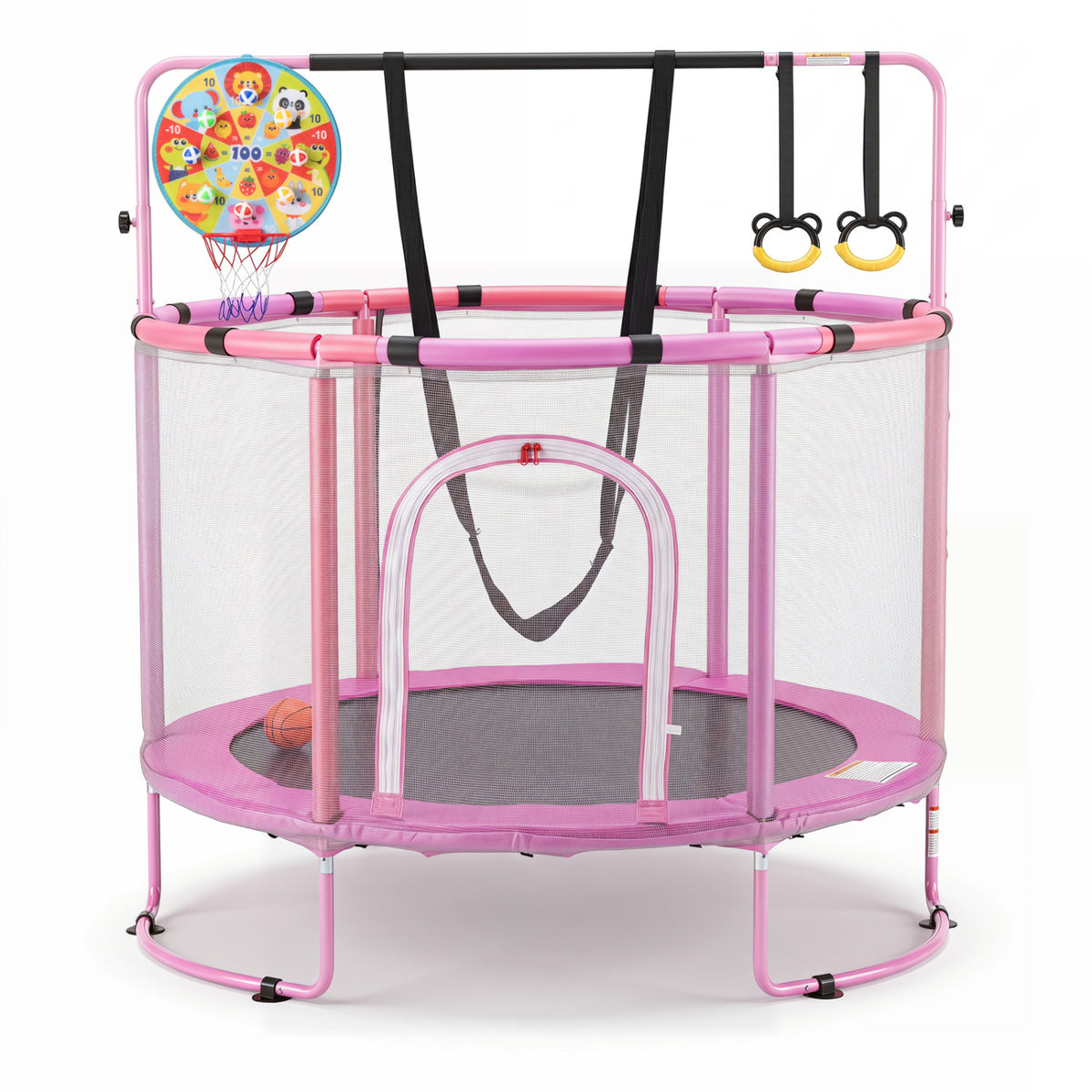 55" Trampoline for Kids with Adjustable Gymnastics Bar and Basketball Hoop for 3+-Purple