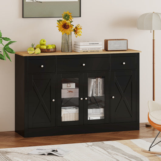 55" Large Buffet Sideboard Kitchen Storage Cabinet with 3 Drawers 2 See-through Doors Adjustable Shelves Wine Bar Table-Black