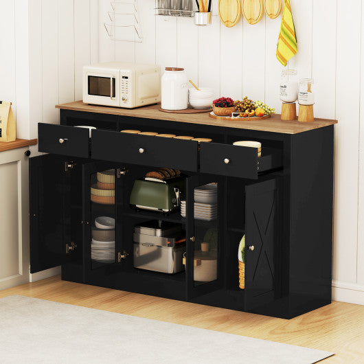 55" Large Buffet Sideboard Kitchen Storage Cabinet with 3 Drawers 2 See-through Doors Adjustable Shelves Wine Bar Table-Black