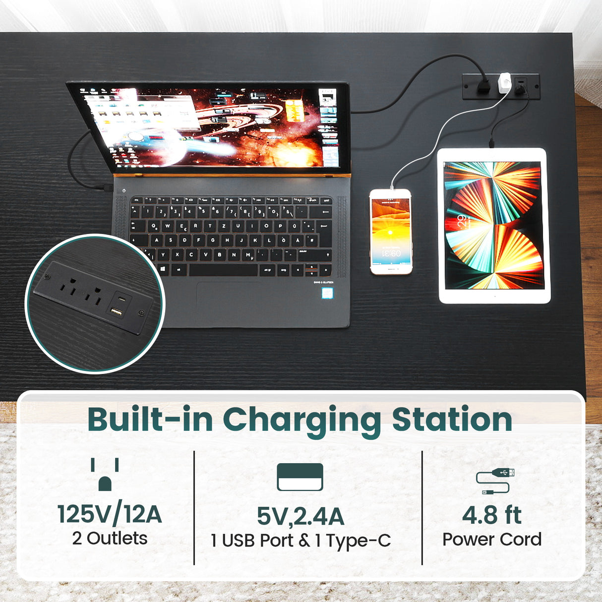 55 x 24 inch Computer Desk with Power Outlets and USB Ports-Black