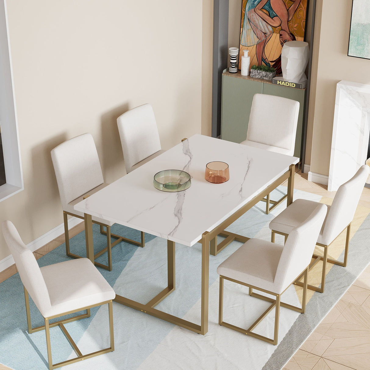 Couch.com Modern Dining Table Set For 6 Faux Marble Kitchen Table Set With 6 Upholstered Dining Chairs, 7 Piece White / Golden, Durable Design, Modern Style, Wood Construction, White Finish by Couch.com