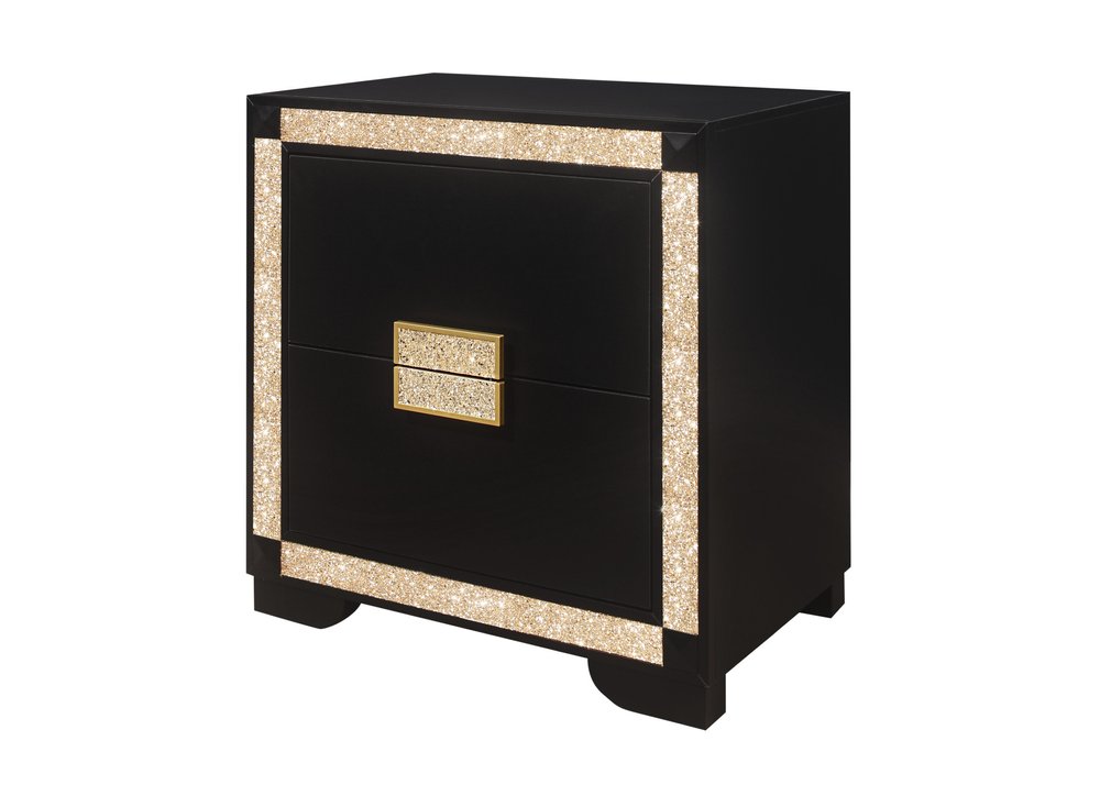 26" Black and Gold Two Drawer Faux Crystal Bling Wood Nightstand