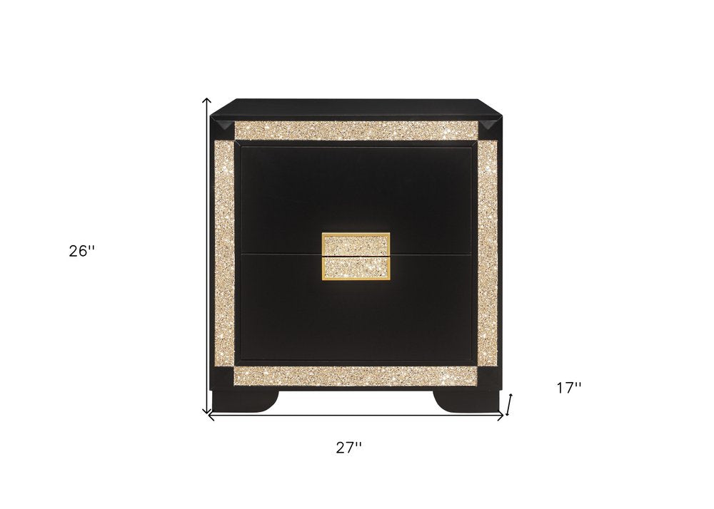 26" Black and Gold Two Drawer Faux Crystal Bling Wood Nightstand