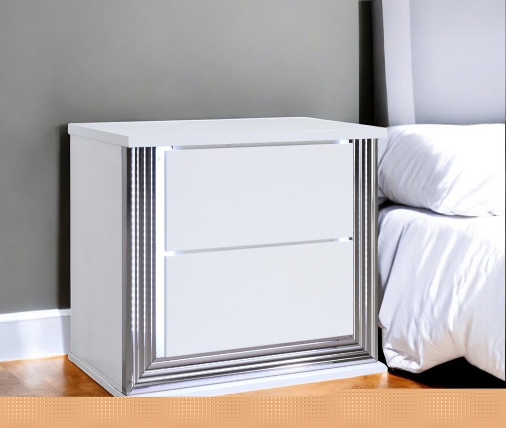 25" White Solid and Manufactured Wood Lighted Two Drawer Nightstand
