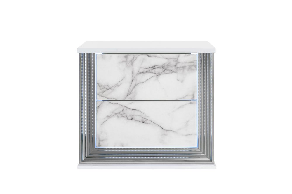 25" White Wood Faux Marble Solid and Manufactured Wood Lighted Two Drawer Nightstand with USB Port