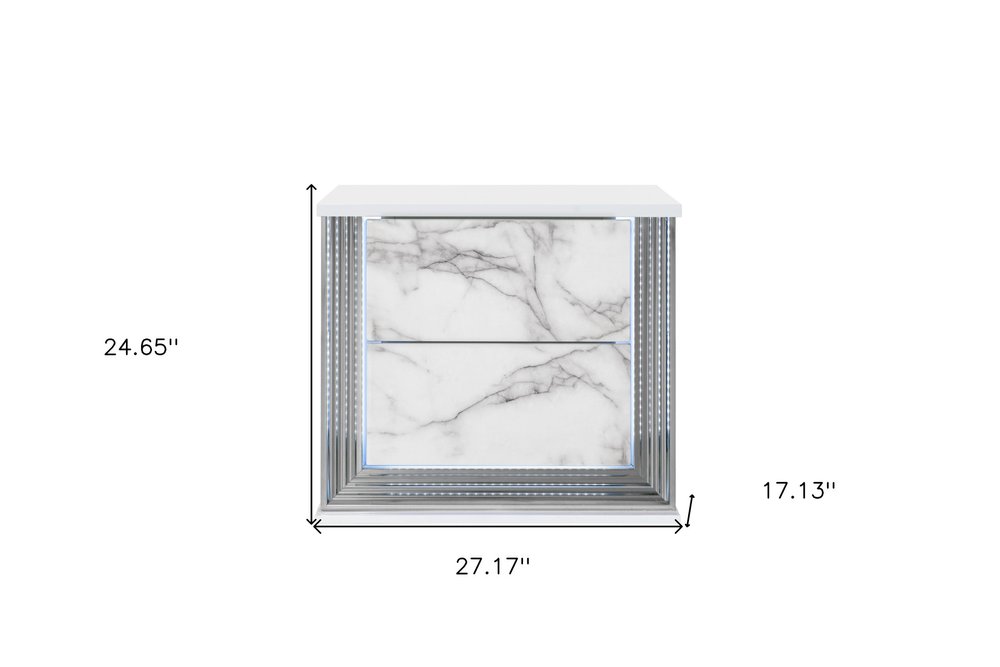 25" White Wood Faux Marble Solid and Manufactured Wood Lighted Two Drawer Nightstand with USB Port