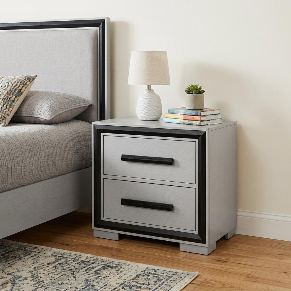 25" Gray and Black Two Drawer Wood Nightstand