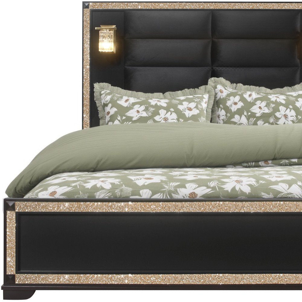 Black Faux Crystal Bling Wood And Upholstery Lighted Queen Bed Frame