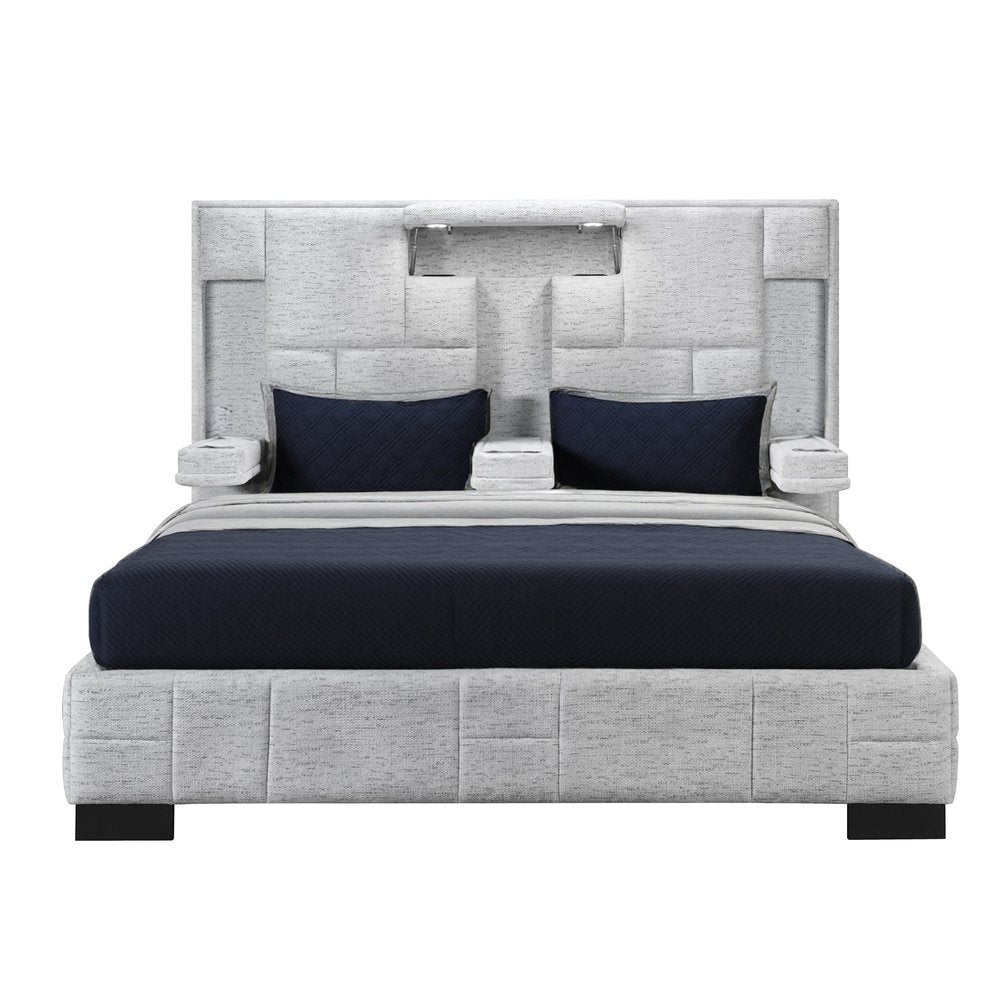 Black and Gray And Upholstered Lighted Queen Bed Frame with USB