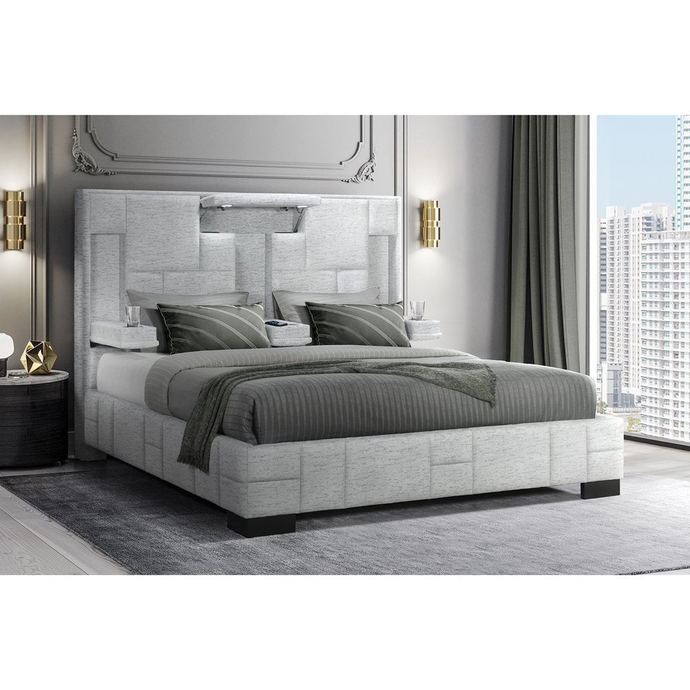 Black and Gray And Upholstered Lighted Queen Bed Frame with USB