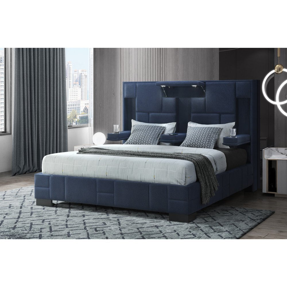 Navy Blue And Upholstered Lighted Queen Bed Frame with USB