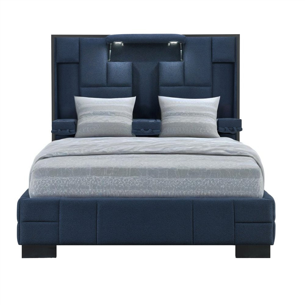 Navy Blue And Upholstered Lighted Queen Bed Frame with USB