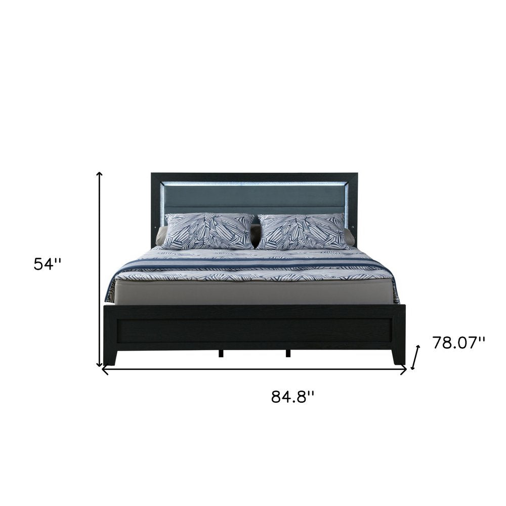 Black and Gray Wood And Velvet Lighted King Bed Frame