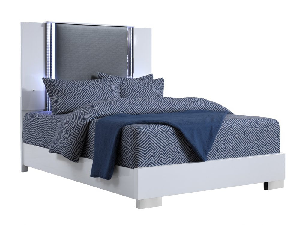 White and Gray Wood And Faux Leather Lighted King Bed Frame