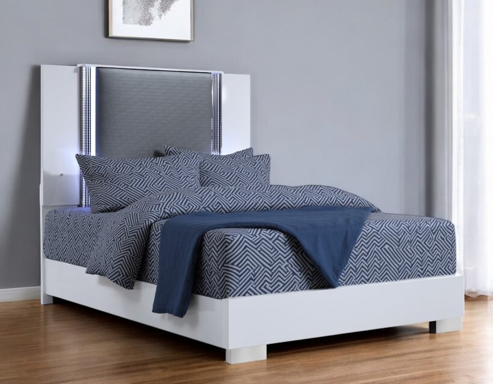 White and Gray Wood And Faux Leather Lighted Queen Bed Frame