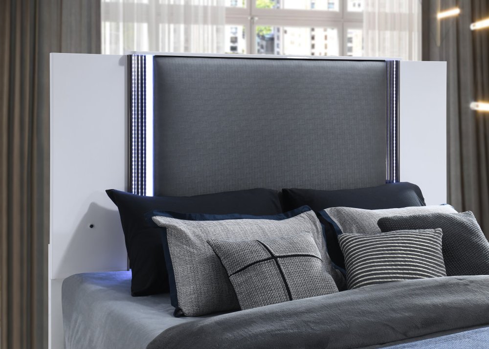 White and Gray Wood And Faux Leather Lighted Queen Bed Frame