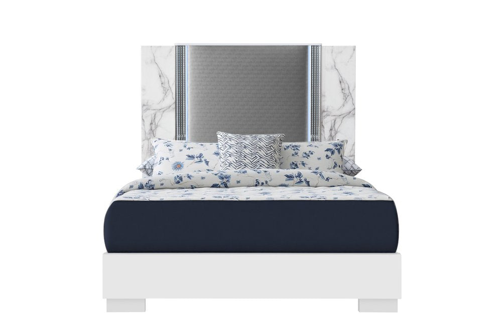 White and Gray Wood And Faux Leather Lighted King Bed Frame