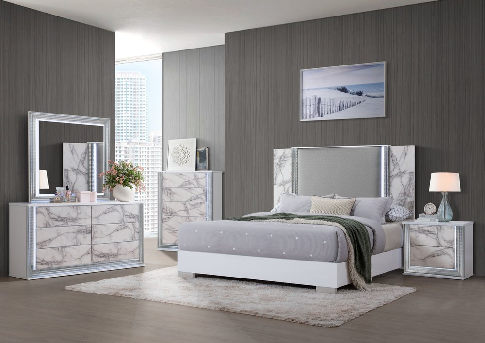 White and Gray Faux Marble And Upholstery Lighted Queen Bed Frame