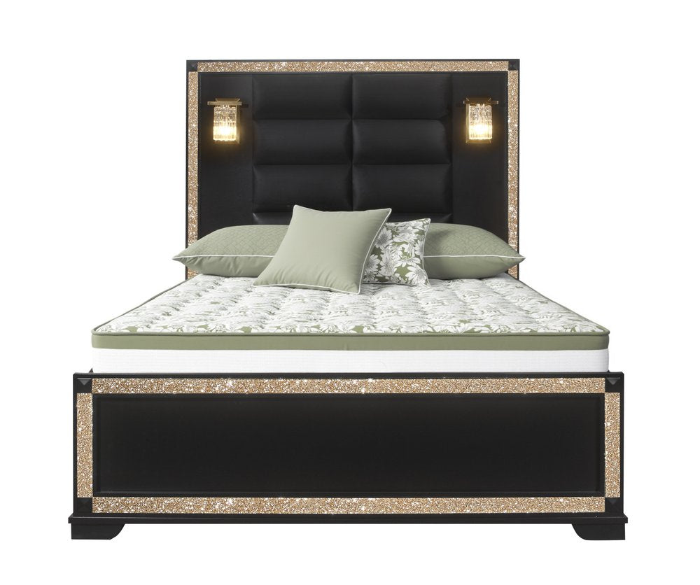 Black And Gold Faux Crystal Bling Wood And Upholstery Lighted Full Bed Frame