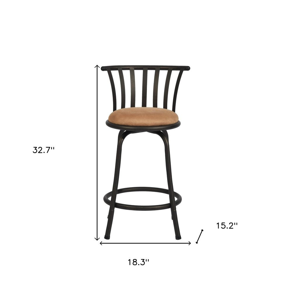 Set of Two 24" Khaki And Black Suede Microfiber And Microsuede And Metal Low Back Counter Height Swivel Bar Chairs