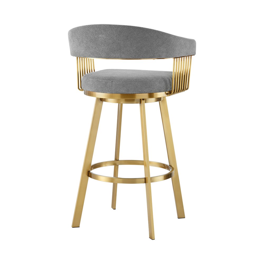30" Gray And Gold Fabric And Steel Low Back Bar Height Swivel Bar Chair
