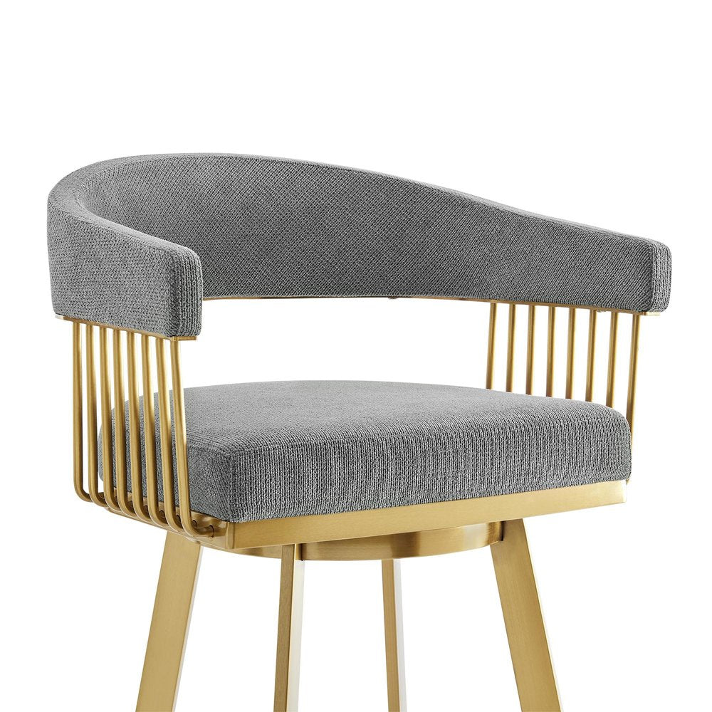 30" Gray And Gold Fabric And Steel Low Back Bar Height Swivel Bar Chair