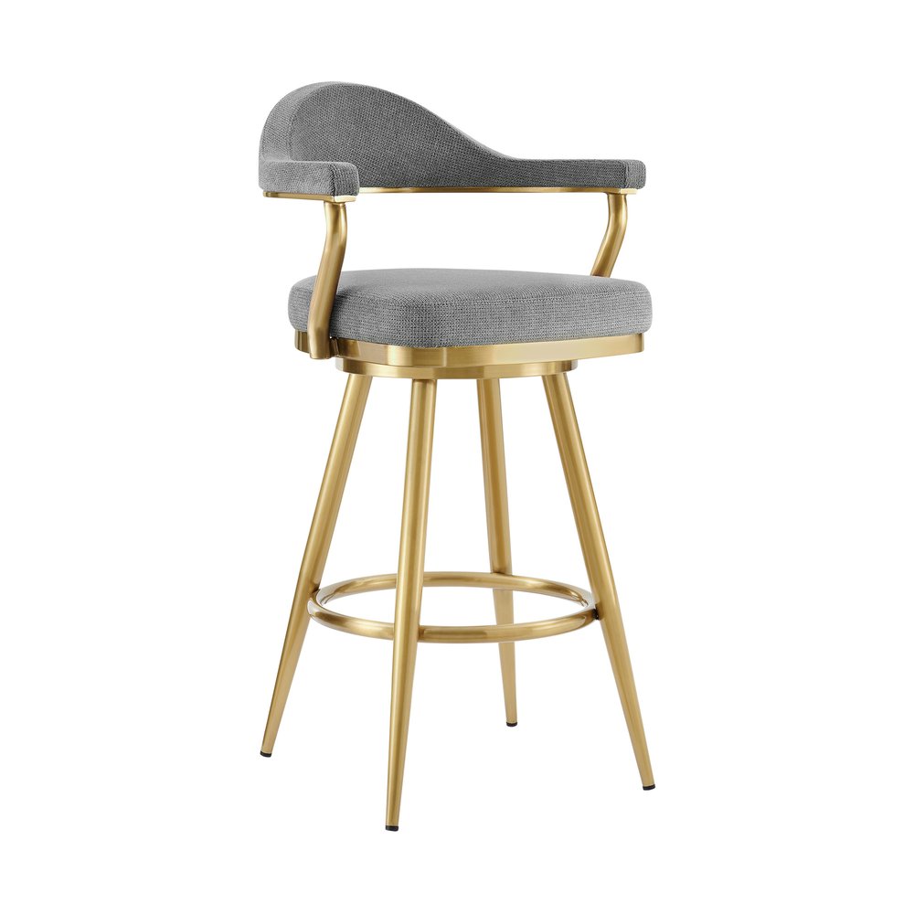 30" Gray And Gold Fabric And Steel Low Back Bar Height Swivel Bar Chair