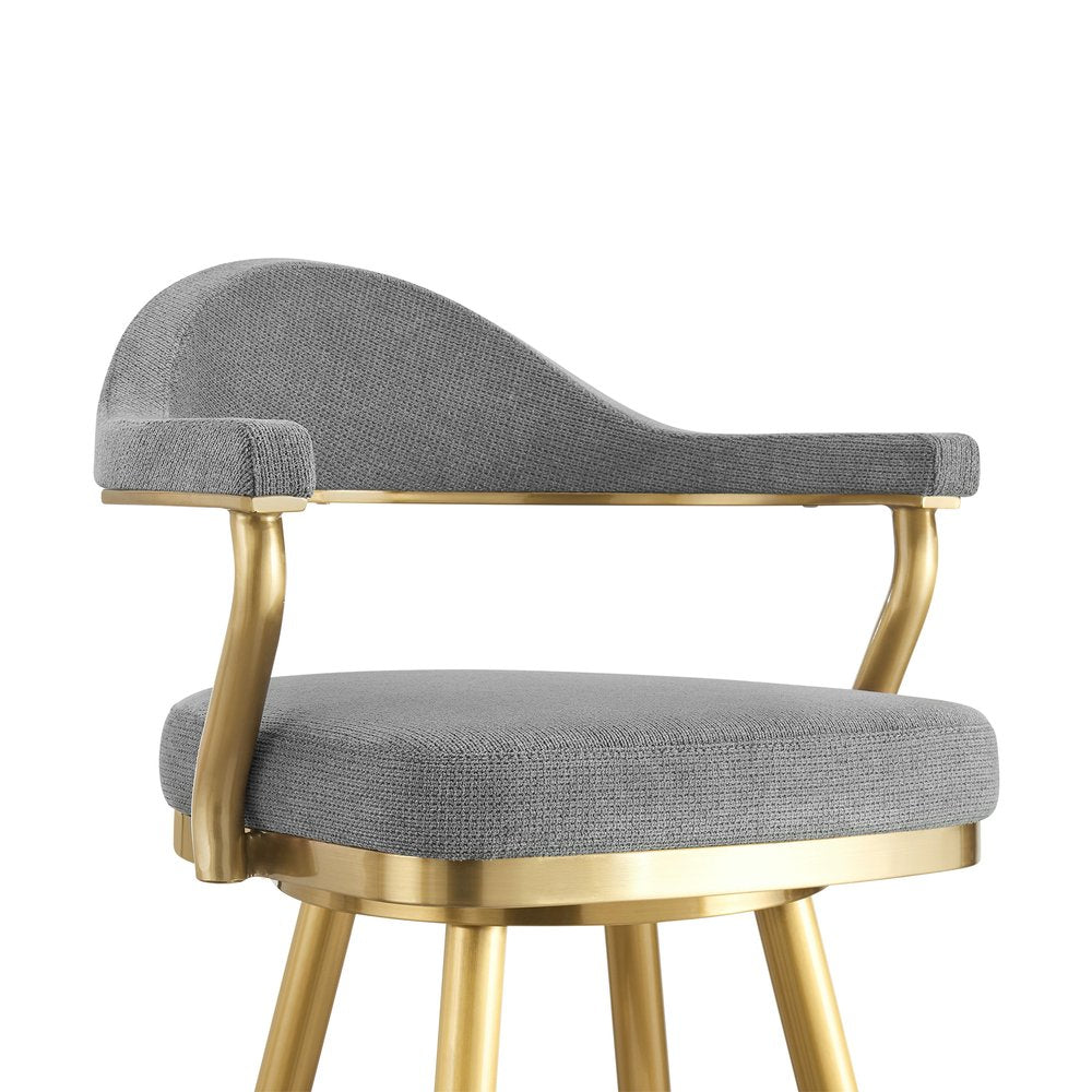 30" Gray And Gold Fabric And Steel Low Back Bar Height Swivel Bar Chair