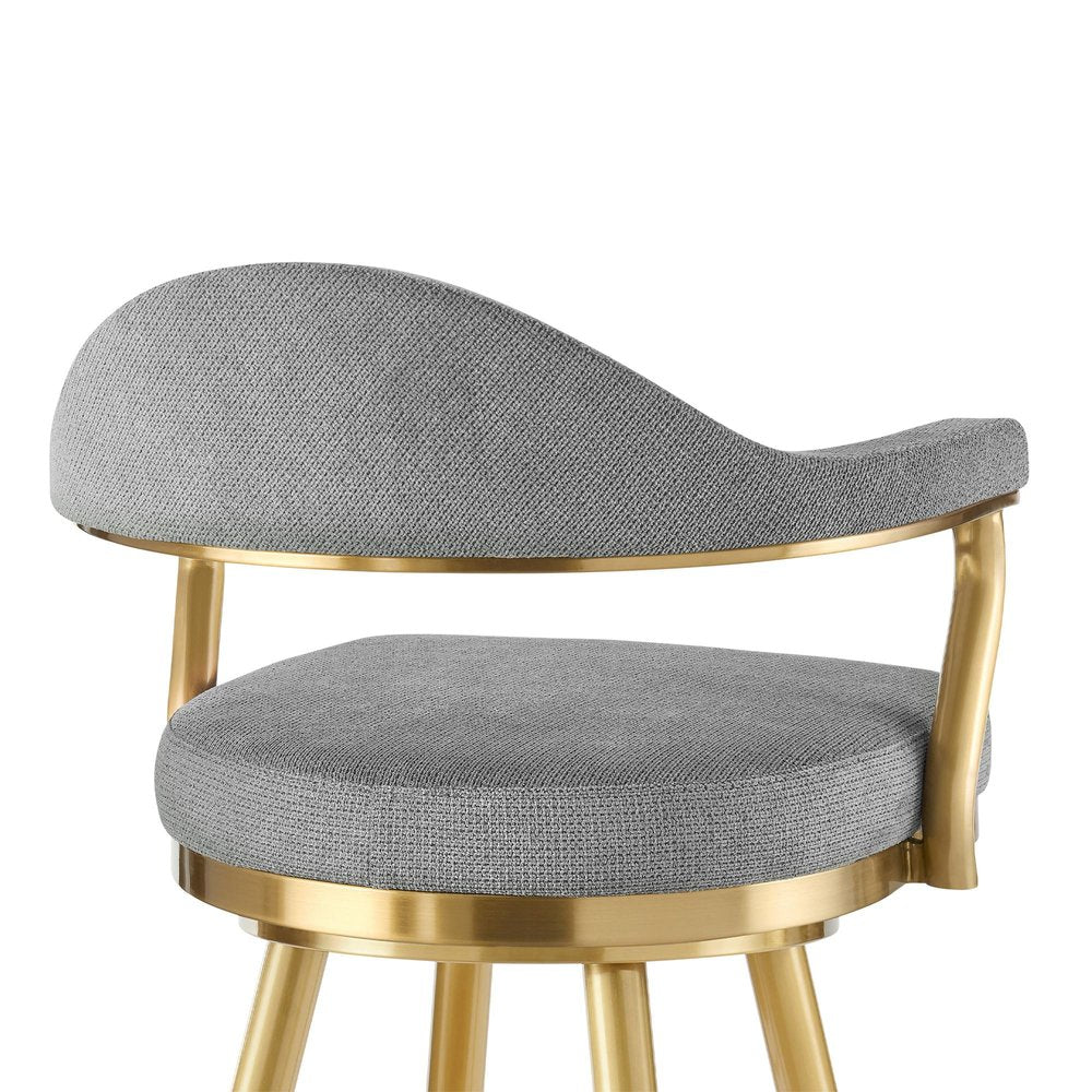 30" Gray And Gold Fabric And Steel Low Back Bar Height Swivel Bar Chair
