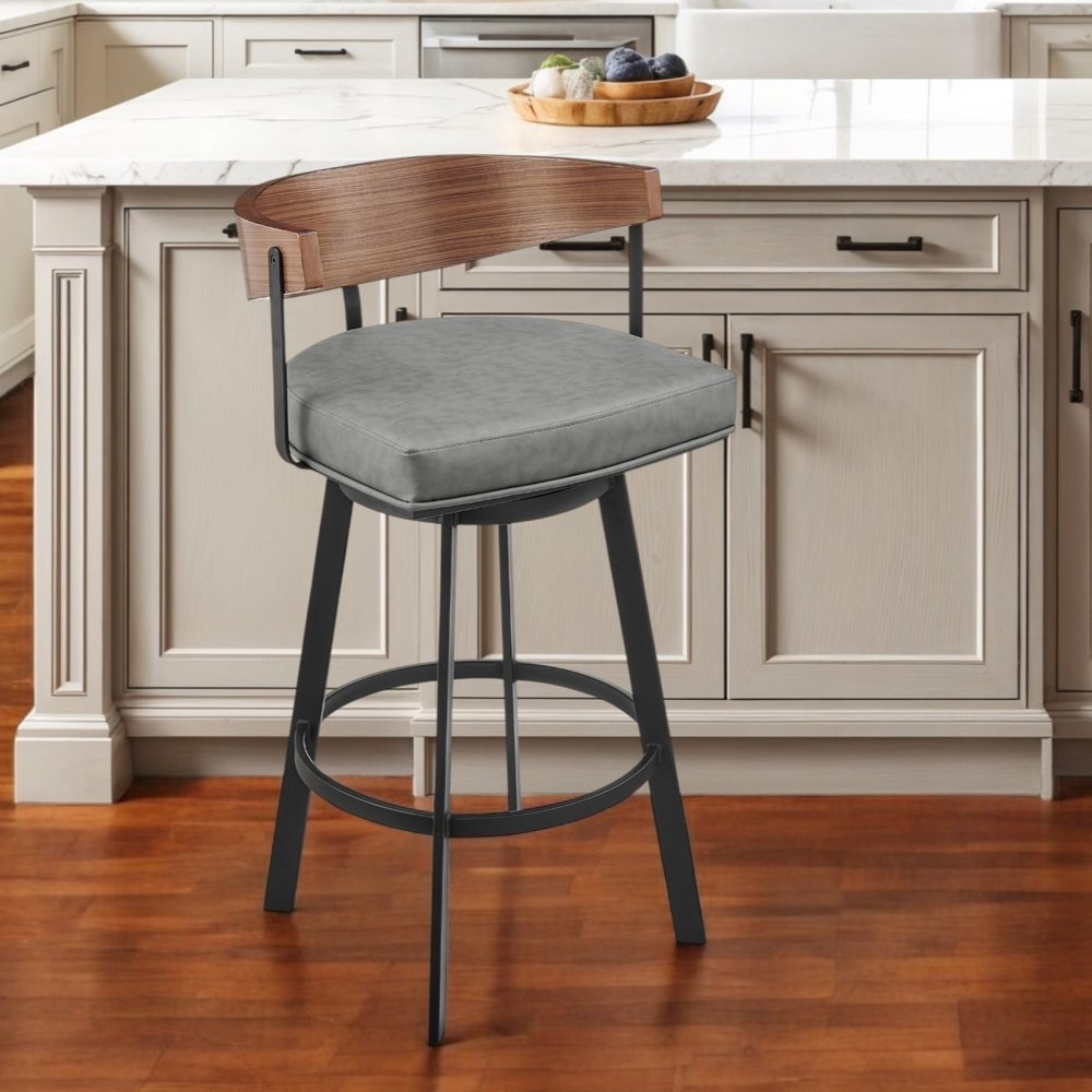26" Gray Brown And Black Faux Leather And Iron Low Back Counter Height Swivel Bar Chair
