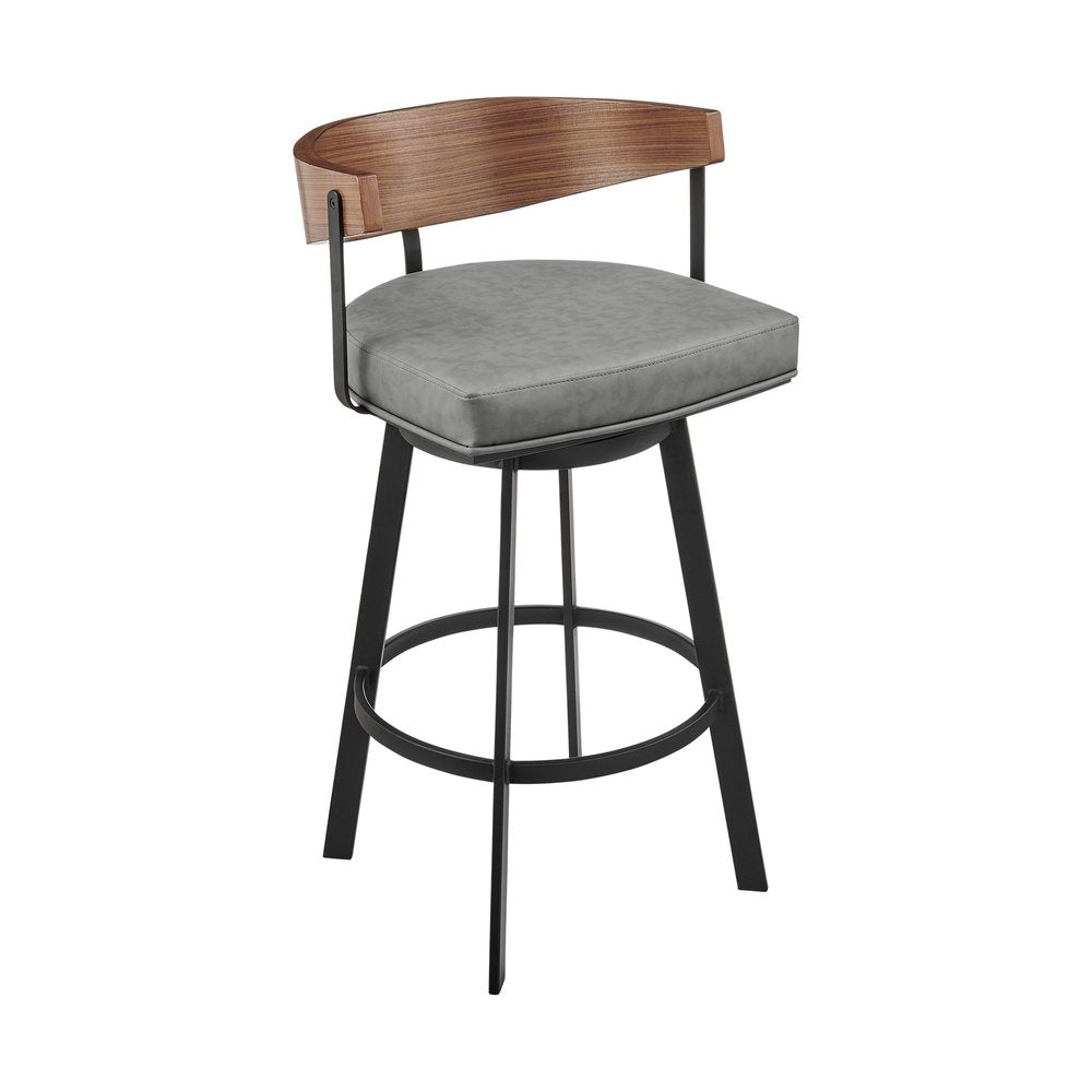 26" Gray Brown And Black Faux Leather And Iron Low Back Counter Height Swivel Bar Chair