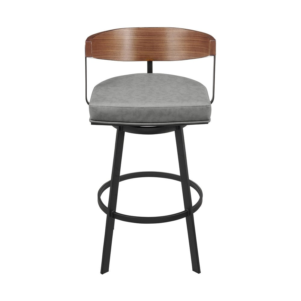 30" Gray Brown and Black Faux Leather and Iron Low Back Bar Height Swivel Bar Chair