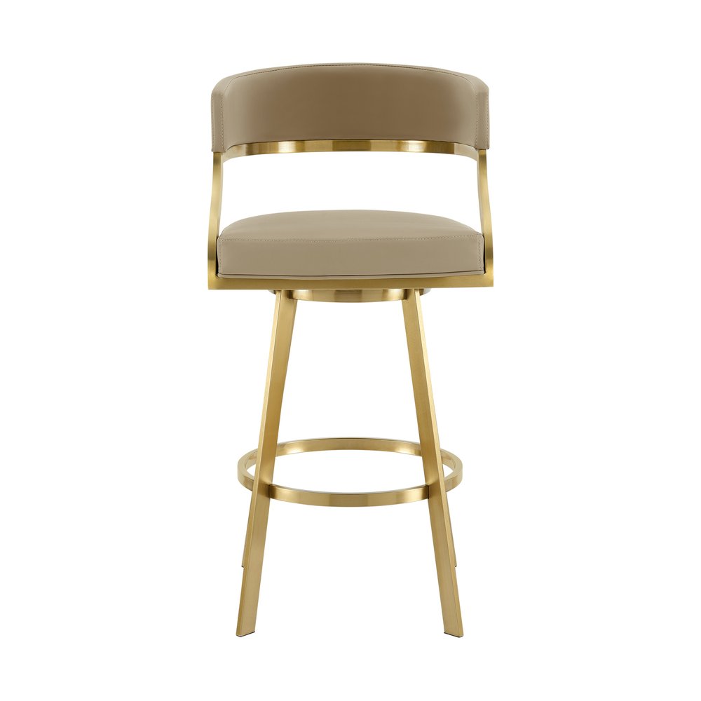 30" Sand and Gold Faux Leather and Stainless Steel Low Back Bar Height Swivel Bar Chair