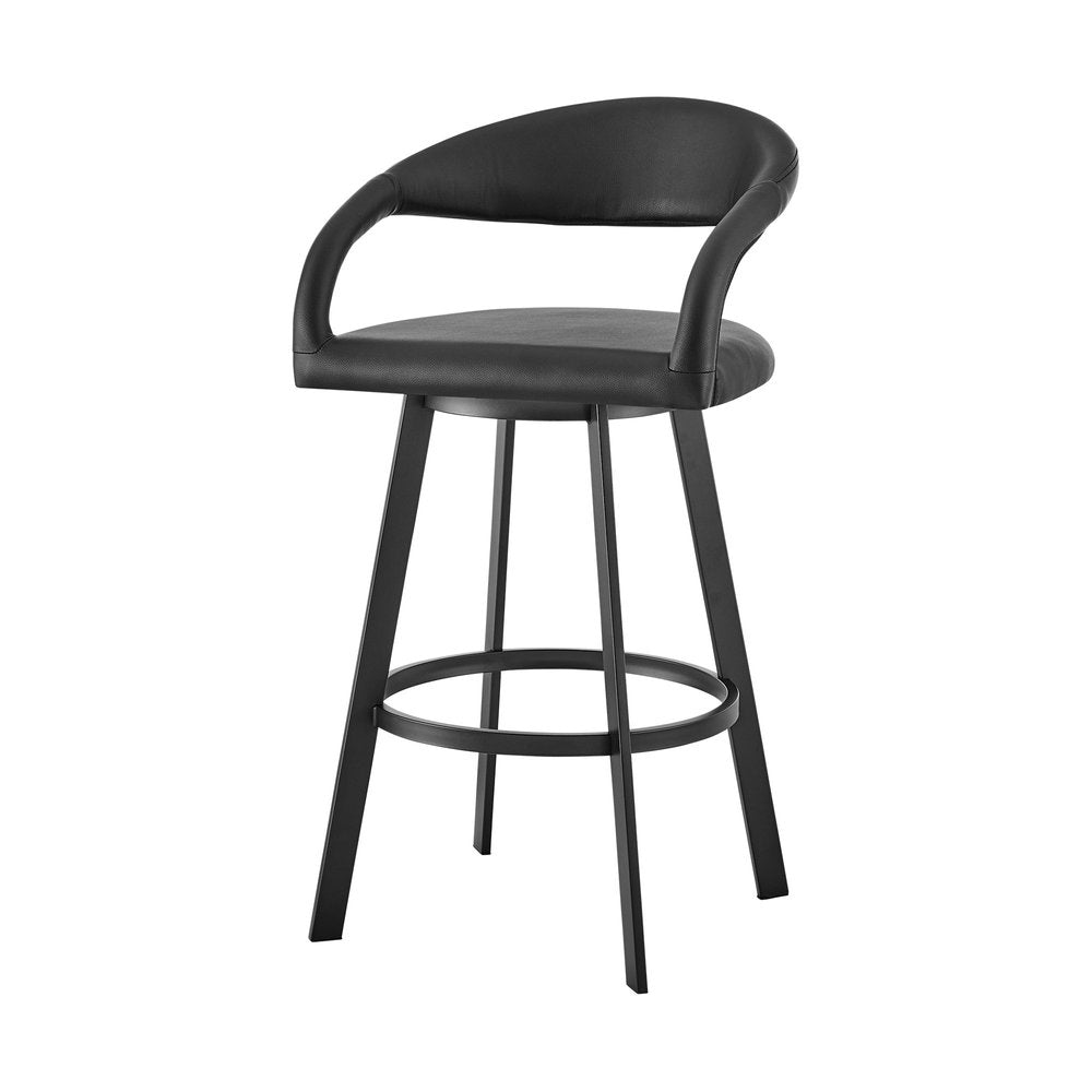 30" Black Faux Leather And Iron Low Back Bar Height Swivel Bar Chair