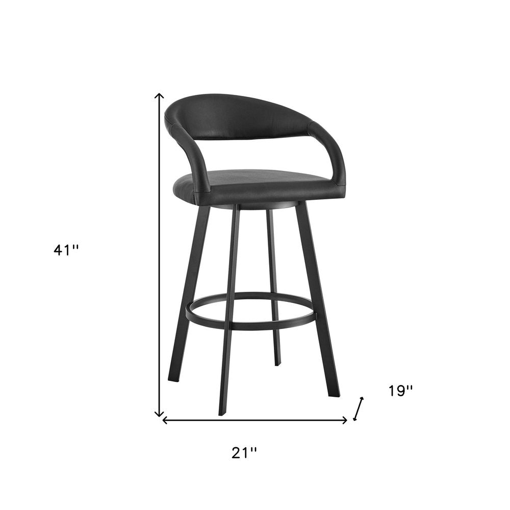 30" Black Faux Leather And Iron Low Back Bar Height Swivel Bar Chair