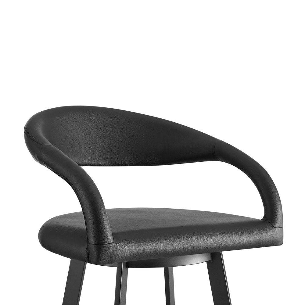 30" Black Faux Leather And Iron Low Back Bar Height Swivel Bar Chair