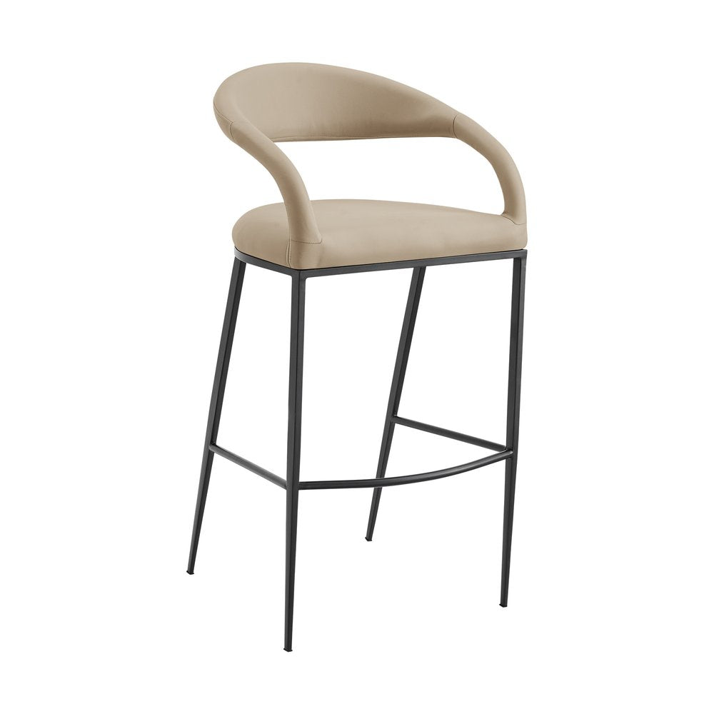 30" Beige And Black Faux Leather And Iron Low Back Bar Height Bar Chair