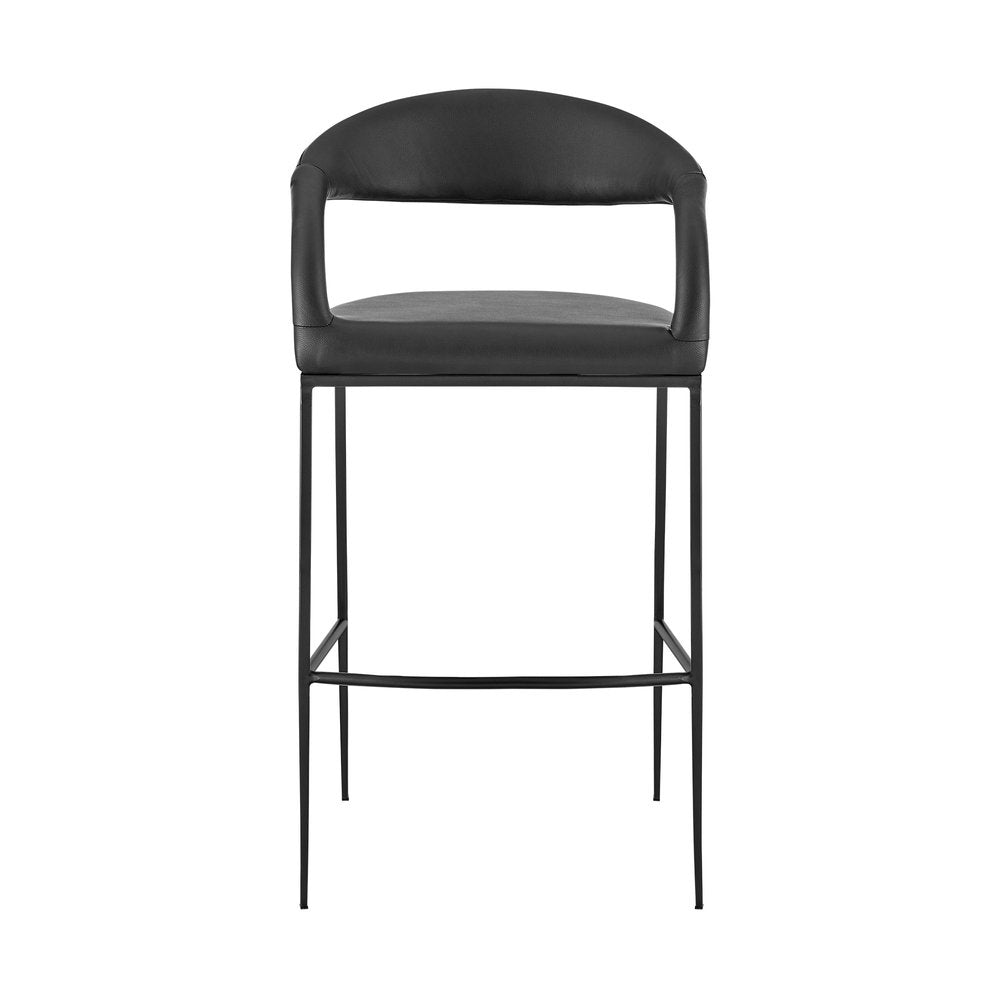 30" Black Faux Leather And Iron Low Back Bar Height Bar Chair