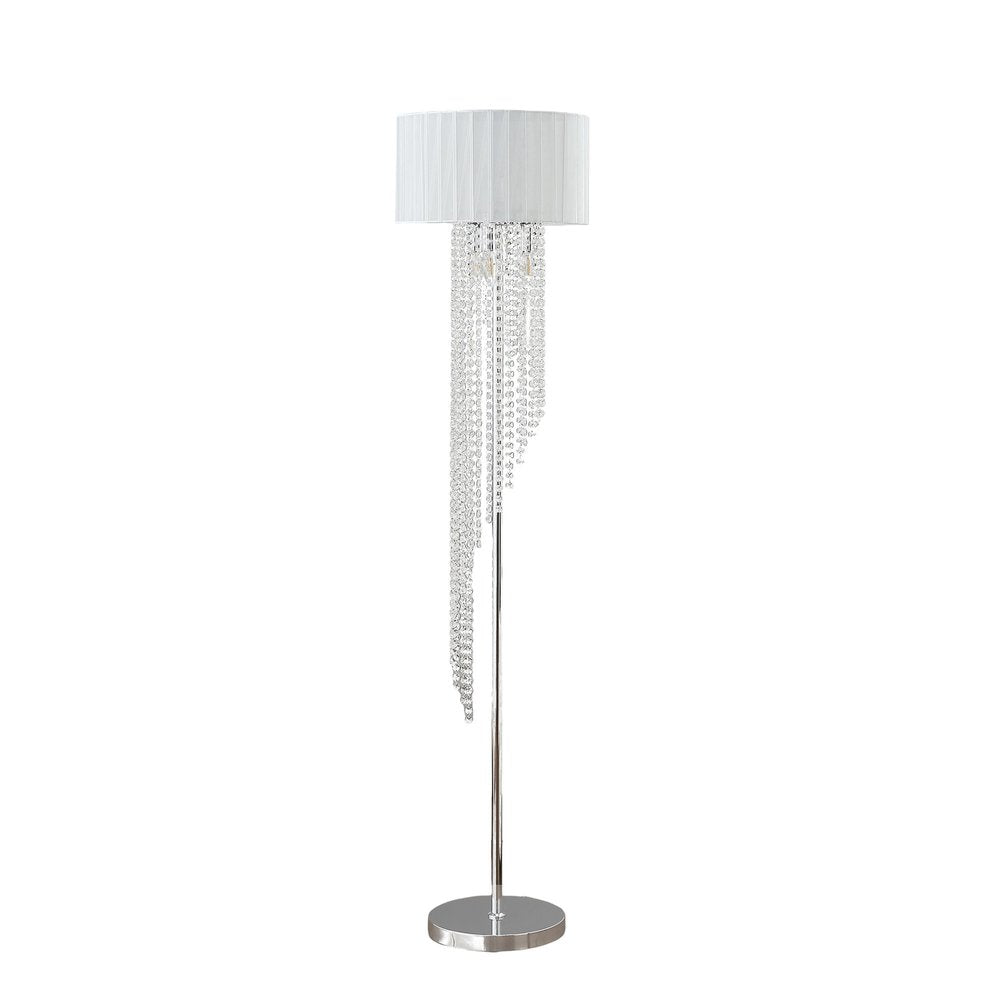 66" Clear And Silver Crystal And Metal Floor Lamp With White Linen Drum Shade