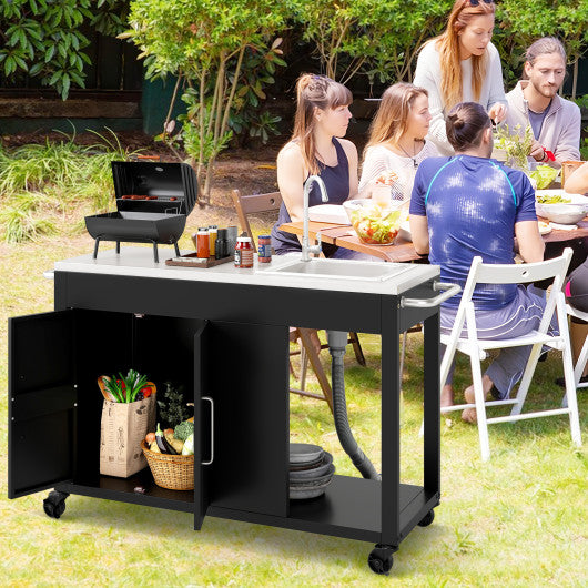 56 Inches Outdoor Grill Table with Sink and Stainless Steel Top-Black