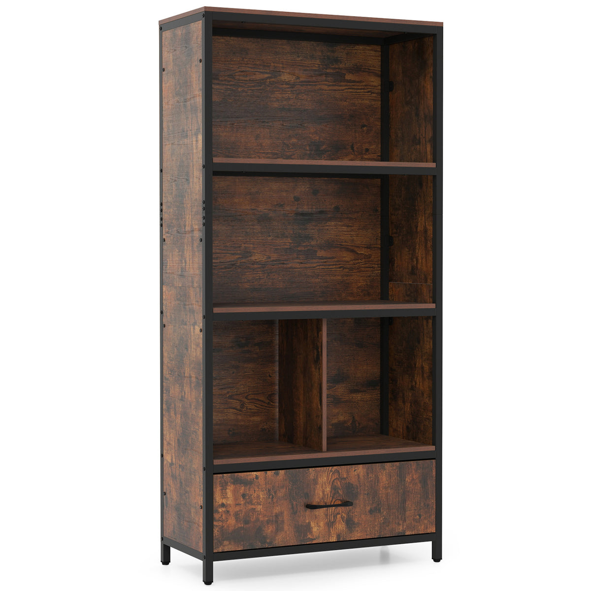 56" Tall Freestanding Bookcase with Drawer 5 Tier-RusticBrown