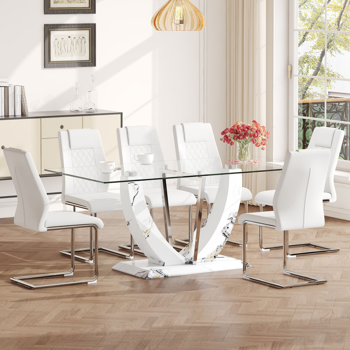 Table And Chair Set, Large Modern Rectangular Glass Table, Can Accommodate 6-8 People, Equipped With A 0.39" Tempered Glass Tabletop And MDF Table Legs.Paired With Comfortable And Soft Chairs - White / Pearl Silver by Couch.com