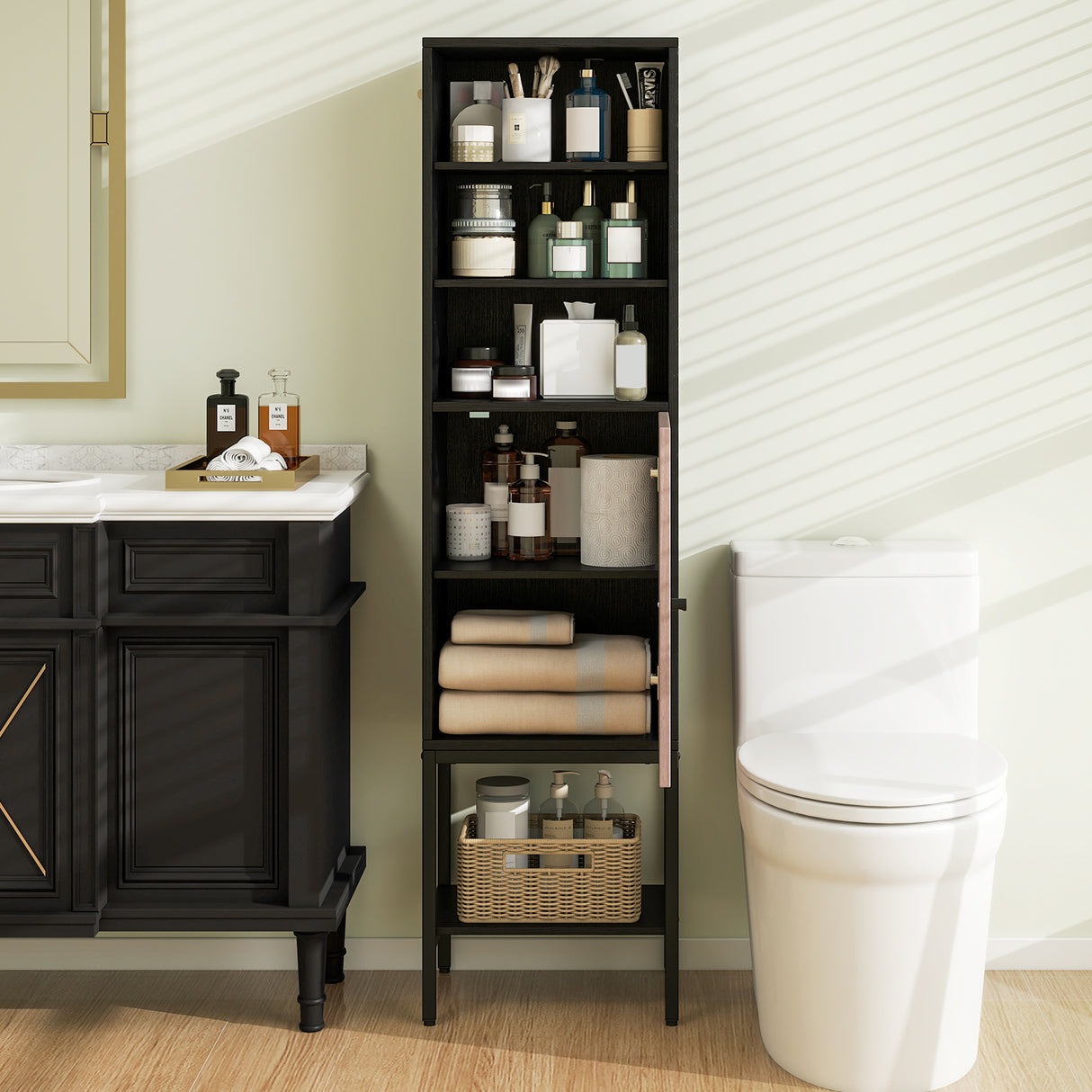 57 Inch Bathroom Tall Cabinet with 1 Door and 4 Shelves Narrow Storage Unit-Black