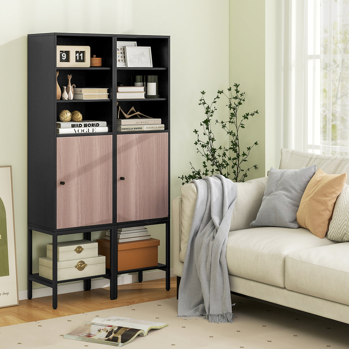 57 Inch Bathroom Tall Cabinet with 1 Door and 4 Shelves Narrow Storage Unit-Black