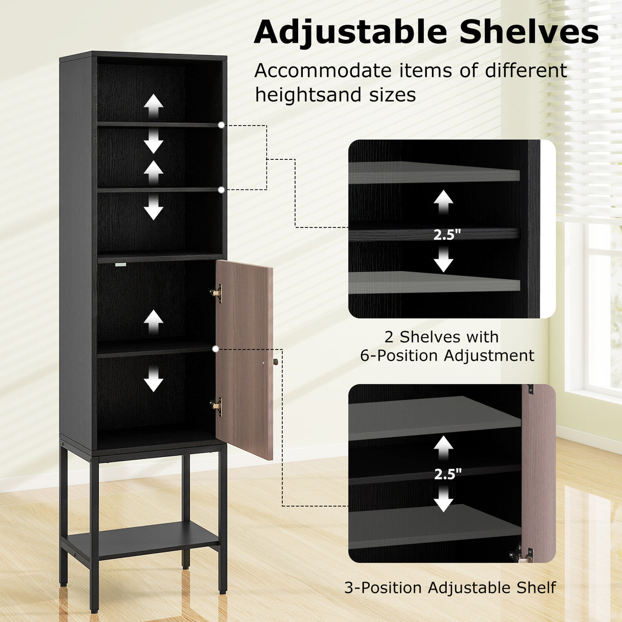 57 Inch Bathroom Tall Cabinet with 1 Door and 4 Shelves Narrow Storage Unit-Black